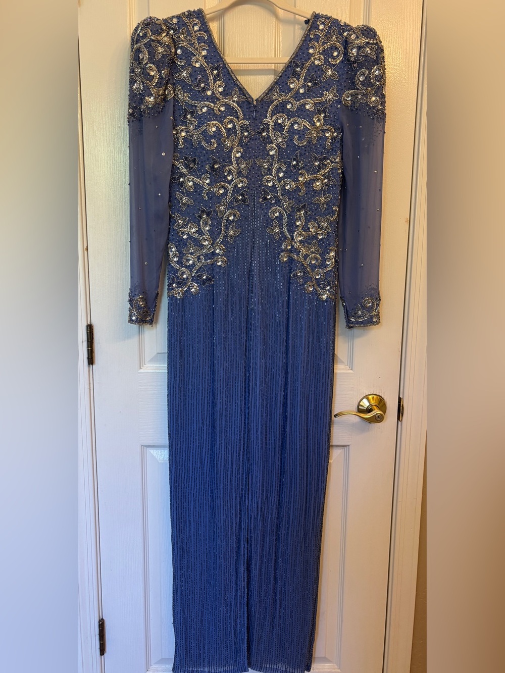 Dynasty Style BlackTie Oleg Cassini Vintage Beaded Blue Silk Evening Gown ~ 8
